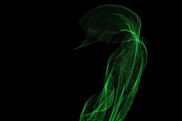 light dance image in green, one lone figure bending like a three, image by Charlie Alice Raya